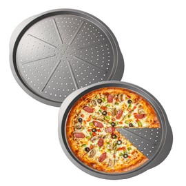 Oven Pizza Trays with Handles 2pcs, 14-Inch Carbon Steel Round Non-Stick Baking Trays with Holes and Handles for Cooking, Baking
