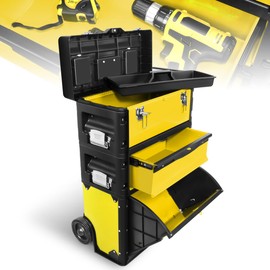 D SOLUTIONS Rolling Tool Box, 3-Drawer Stackable Storage Trolley Garage Organizer with Wheels for Home Workshop, Extendable Handle, 19.5"L x 12"W x 28.5"H, Yellow