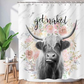 Funny Highland Cow Shower Curtain, Get Naked Cow Shower Curtain with Hooks, Funny Cattle Bull Cow Floral on Marble Bathroom Fabric Curtain 69W X 75L Inches