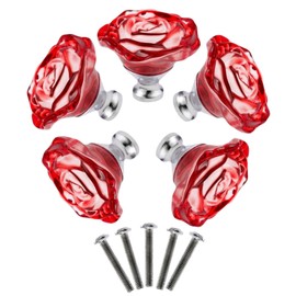Yetaha Red Glass Dresser Knobs, 5PCS Rose Crystal Drawer Handles Diamond Furniture Pulls for Cabinet Cupboard Wardrobe Bathroom Kitchen Office Decoration, with Screws