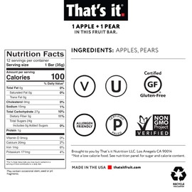 That's It. Gluten-Free Apple + Pear Fruit Bars, 14.4 Ounce, 12 Bars, No Preservatives, No Added Sugar, Paleo, Good for Children, Best High Fiber Vegan Snack