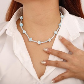 Aimimier Bohemian Gravel Beads Choker Necklace for Women Girls Irregular Beaded Clavicle Chain Surfer Necklace Stackable Summer Beach Accessories, 15.3in, Alloy,beads, No Gemstone