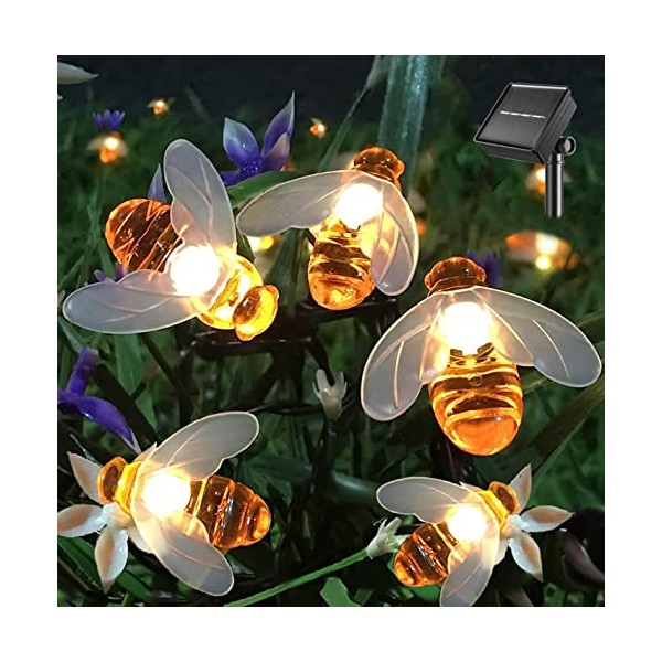 SEMILITS Solar String Lights 20LED Outdoor Waterproof Simulation Honey Bees Decor for Garden Xmas Decorations Warm White