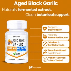 Healthfare Aged Black Garlic Supplement Pills | 2000mg Equivalent | 2 Bottles, 180 Vegan Capsules | Fermented Odorless Garlic Extract | Non-GMO, Gluten-Free | Made in USA