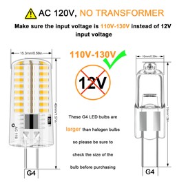 LFLAMPON AC110V-130V Dimmable G4 LED Light Bulbs, 2.6W Warm White 3000K (Equivalent to 30W 20W Bi-Pin Halogen), Pack of 6 (Note: Different from Standard 12V LED Bulbs)