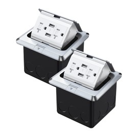 Pop Up Waterproof Floor Electrical Box with 4.8A USB Chargers and 2 Outlet Receptacle Stainless Steel Nickel Plating Black (USB Silver 2pack)