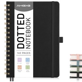 AHGXG Dotted Journal Spiral Notebook, A5 Hardcover Leather Dot Grid Notebook with 140 Pages, 100 GSM Thick Paper Dotted Notebooks, 5.7" X 8.3", Black