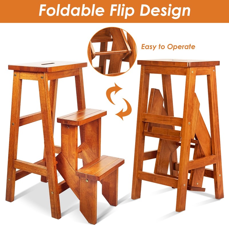 BETTARY 3-Step Folding Wooden Step Stool, Portable Anti-Slip Step Ladder,