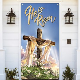Easter Door Cover He is Risen Christian Cross Jesus Photo Backdrop He is Risen Easter Decorations and Supplies for Home