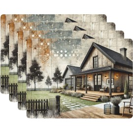 Set of 4 Cork Backed Placemats, Kitchen and Dining Table Decoration Design Hard Placemat 12" x 16" (House Painting)