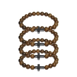 Fuqimanman2020 Natural Wooden Cross Christian Prayer Beads Stretch Bracelet Set for Women Men Catholic Religious Prayer Retro Jewelry-4pcs