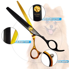 Momotou Black & Gold Professional Dog Grooming Scissors Set with Comb Curved Thinning Chunker Straight Shears 4PCS in Scissors Bag Japanese 440C Stainless Steel Sharp and Durable 7''