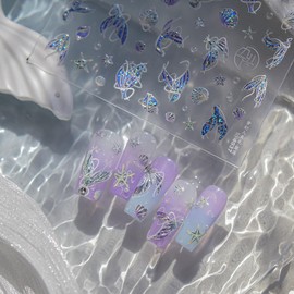 LIFOOST 5D Embossed Laser Mermaid Nail Art Stickers Dreamy Fishtail Shellfish Starfish Nail Design Stickers Self Adhesive Summer Ocean Decals for Nails DIY Decor