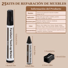 25 Piezas Kit de Reparación de Muebles Marcadores de Madera, Marcadores de Madera, Marcadores y Varillas de Cera con Afilador para Muebles para Arañazos, Suelos de Madera, Mesas, Retoques