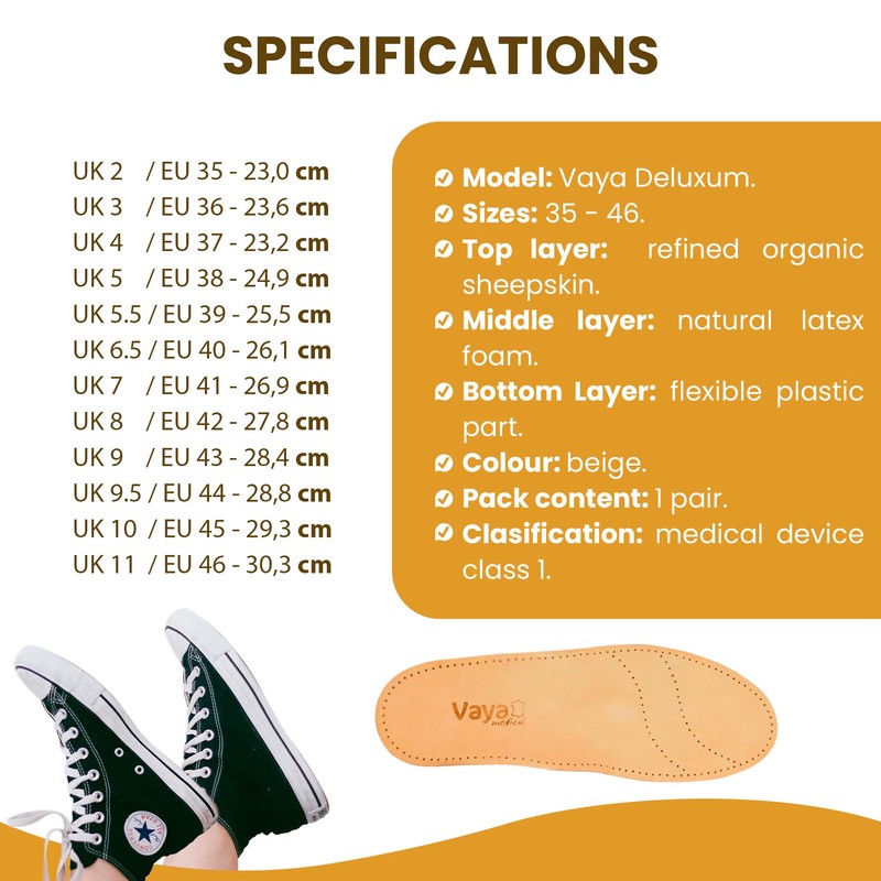 Vaya Deluxum Orthopaedic Insoles Supination for Transverse and Longitudinal Flat