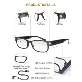 OKH Rechargeable Reading Glasses with Lights, Anti Blue Light Lens, Bright LED Light Up Reading Glasses, Readers for Men Women, +3.0