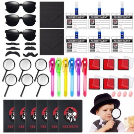 45 Stück Detektiv Set Kinder,Detektiv Kindergeburtstag Mitgebsel mit UV Stift,Lupen Spielzeug, Detektivausweis, Schnurrbart,Notizbuch,Fingerabdruck Stempelkissen,Sonnenbrille,Detektiv Rollenspiel