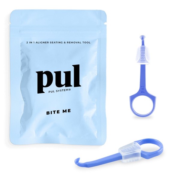 PUL Chewies & Clear Aligner Removal 2 in 1 Combo Tool - Compatible with Invisalign Removable Braces & Trays, Aligners, Retainers, Dentures - Hygienic Oral Care - Compact & Durable - 2 Pack, Blue