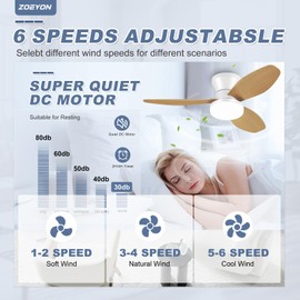 ZOEYON Small White&Wood Ceiling Fan with Light - 35 Inch Flush Mount Ceiling Fan with Lights and Remote, Low Profile Ceiling Fans with 3 Reversible Blades, 6 Speeds, Ceiling Fans for Bedroom Kitchen