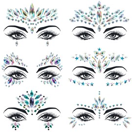 6 Sets Mermaid Face Jewels Rhinestone Face Gems Stick on Halloween Cosplay Party Carnival Festival Crystals Temporary Tattoos