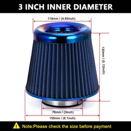 Cold Air Intake Filter, High Performance, Washable Filter, Clamp-On Replacement Air Filter, Flange Diameter 3inch/76mm Blue