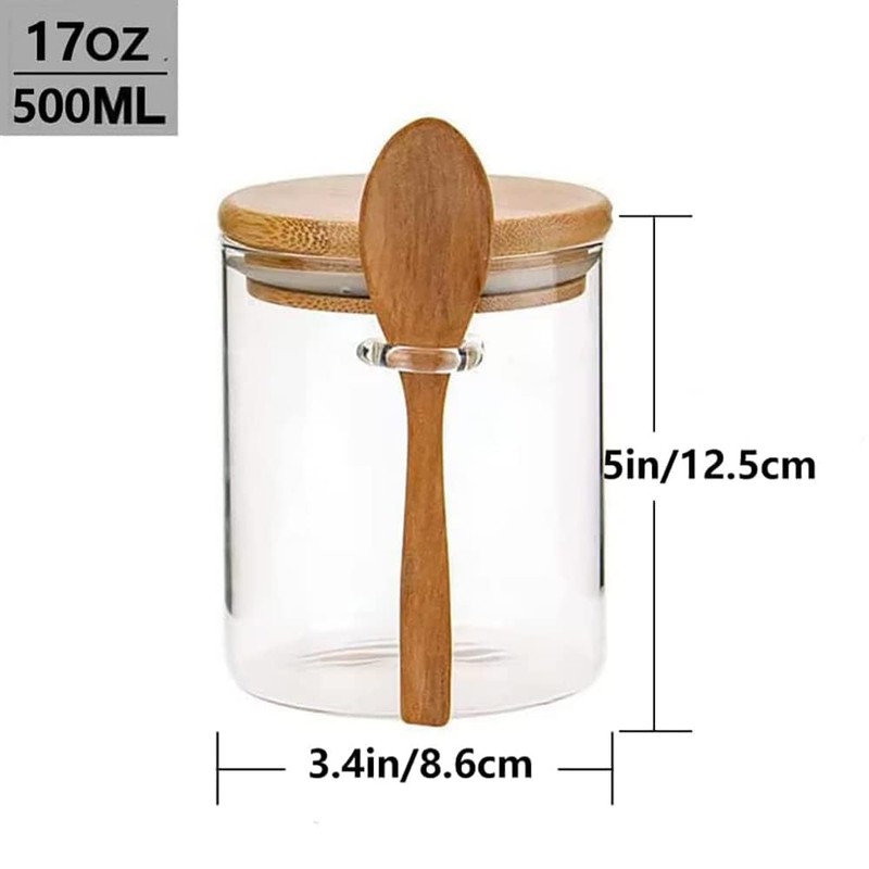Airtight Glass Jars With Bamboo Lids And Spoons, 17oz Glass