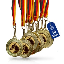 Pokal-Fabrik.de - Horse Medals Set of 10 Metal - Horse Medal Golden for Hanging for Award Ceremonies - Medals Children with Germany Band & Emblem for Clubs and Tournaments