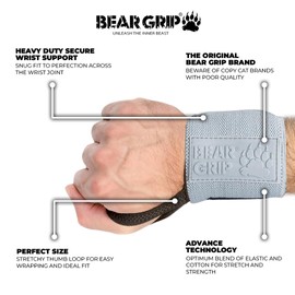 BEAR GRIP SPECIAL EDITION Premium weight lifting wrist support wraps (Grey, 13 Inches)