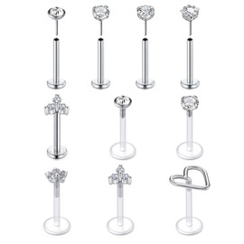 VFUN 16G Tragus Earrings Mixed Styles Bioflex Stainless Steel Lip Rings Labret Piercing Clear Helix Piercing Threadless Lip Stud Rings 10PCS 10MM