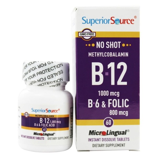 Superior Source - No Shot B12 Methylcobalamin 1000 mcg with B6 & Folic Acid 800 mcg. - 60 Quick Dissolve Tablets