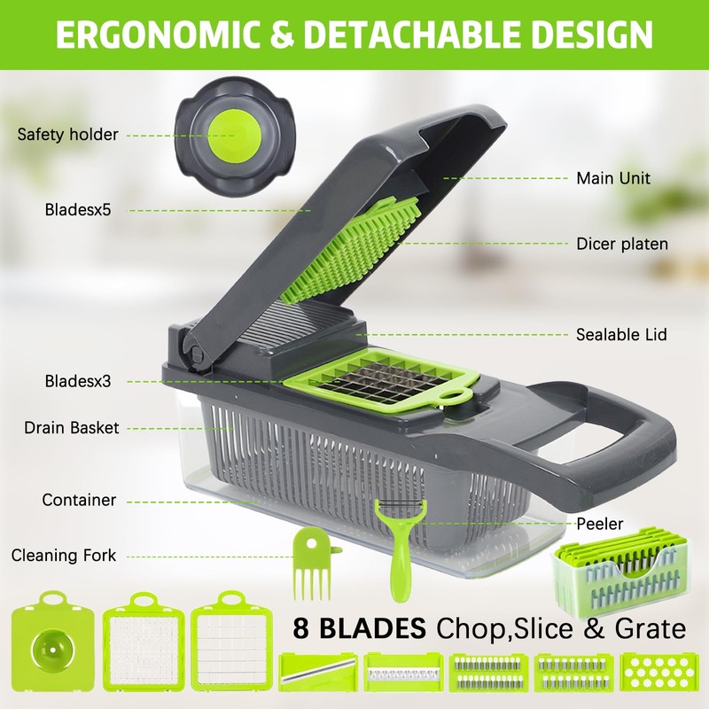 Vegetable Chopper w/Container, 16-in-1 Multifunctional Kitchen Mandoline Slicers and Vegetable
