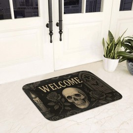 Gothic Skull Welcome Doormat for Entryway, Witchy Candle Bats and Roses Indoor Door Mat, Non-Slip Floor Rug for Kitchen, Bedroom, Living Room, Front Porch, Home Decor 16x24in