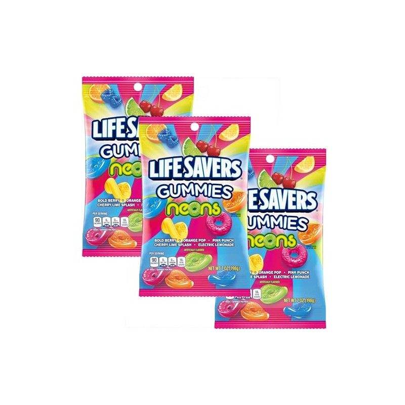 Lifesavers Neons Gummies, 7oz Gummy Bag (3 Pack), Gummy Candy