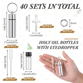 Tandefio 40 Sets Anointing Oil Bottles Keychain Vial Holy Water Container with Dropper Cross Pendant for Travel Baptism Favor (Silver)