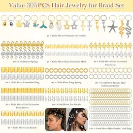 305PCS Gold Silver Hair Jewelry for Braids, Loc Jewelry for Hair Dreadlocks Braid for Women Men, Hair Cuffs Rings Charms Pendants Clips Dreadlock Deco
