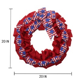 20 Inch 4th of July Wreath Patriotic Burlap Wreaths for Front Door Red White Blue Memorial Day American Flag Wreath with Bowknot 4th of July Decorations Outdoor