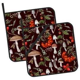Mushrooms Pot Holders Set of 2 Heat Resistant & Non Slip Potholders, Berries and Plants Oven Hot Pads for Kitchen Cooking Baking Barbecue