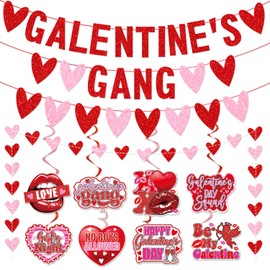 Galentines Gang Banner with Love Hearts,Happy Galentine’s Day Banner Garland Hanging Swirls,Galentines Day Party Decorations,Happy Valentines Day Decorations,Girl Lady Galentines Day Party Decor GTG
