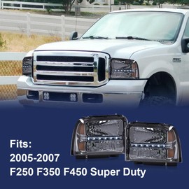 ANDPLAY LED DRL Headlights Assembly, Compatible with 2005 2006 2007 Ford F250 F350 F450 F550 Super Duty bumper Headlamp, Amber Corner Headlight（Smoky lens Chrome Housing Amber Reflector）