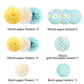 NICROLANDEE Daisy Birthday Party Decorations, 12 PCS Pastel Yellow Blue Paper Lanterns Tissue Pom Poms Decor for Mother's Day, Daisy Theme Party, Garden Wedding Decorations