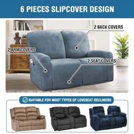 H.VERSAILTEX Velvet Stretch Recliner Couch Covers 6-Pieces Recliner Loveseat Covers for 2 Cushion Couch Recliner Sofa Covers Reclining Slipcovers Form Fitted Thick Soft Washable, Stone Blue