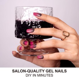 DANNI & TONI Semi Cured Gel Nail Strips Rose Red and Black Ombre (Berry Ombre) Fuchsia Gel Nail Stickers Gradient Gel Nail Wraps 28 Stickers