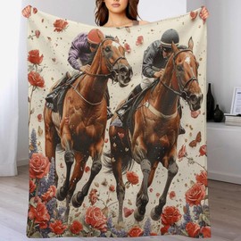 TOWINSFB Horse Racing Rose Flannel Throw Blanket, Soft Lightweight Cozy Warm Victorian Floral Classic Sport Blanket for Couch Bed Travel- 30"x40"