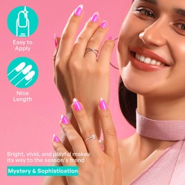 Short Press on Nails Almond | GJZEZ Soft Gel Rose Gold Chrome Metallic Shiny French Tips Stick On Fake Nails with Gelly Purple Base | 16 Sizes - 32 Reusable False Nail Kits with Glue, Glossy Violet