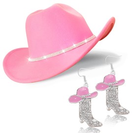 Aswitnove Cowboy Hat Rhinestone Cowgirl Boots Earrings Set Western Earring Felt Fedora Jazz Hat Rodeo Outfit for Women Size M, Medium