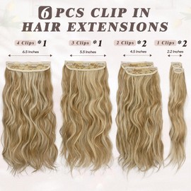 BARSDAR Clip-In Extensions, 6 Pieces, Wavy Highlight Clip-In Hair Extensions for Women, 40 cm Thick, Natural, Soft, Synthetic Clip-In Hairpieces, Gloden Blonde with Highlights
