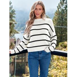 LILLUSORY Womens Cropped Striped Sweater 2024 Trendy Casual Pullover Ribbed Knit Cute Crewneck Lightweight Cotton Cozy Checkred Sweaters White Black M