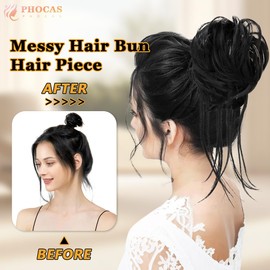 PHOCAS Messy Hair Buns Hair Piece for Updos Messy Curly Bun Scrunchie Synthetic Chignon Ponytail Hair Extensions for Women Daily Wedding Party Use(Natural Black)