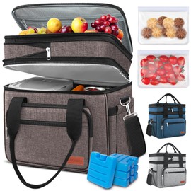 Expandable Insulated Large Cooler Lunch Box for Men 23L Heavy Duty Double Deck Leakproof Lunch Bag with 4 Ice packs&2 Snack Bags for Adult/Construction/Women/Work/Picnic/Camping -Brown