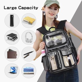 Cusangel Heavy Duty Clear Backpack Clear BookBag,16 x11 x5inch TPU Large Capacity See Through Backpack for Sport Events,Travel (Black)